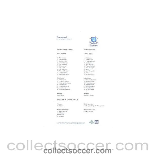 2008 - Everton v Chelsea official teamsheet 22/12/2008