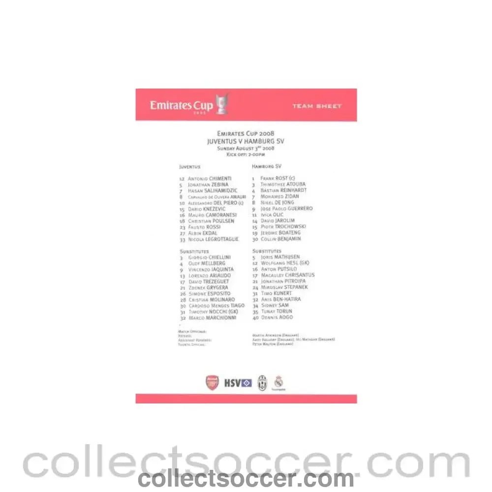 2008 - Juventus v Hamburg official colour teamsheet 03/08/2008 Emirates Cup - Collect Soccer