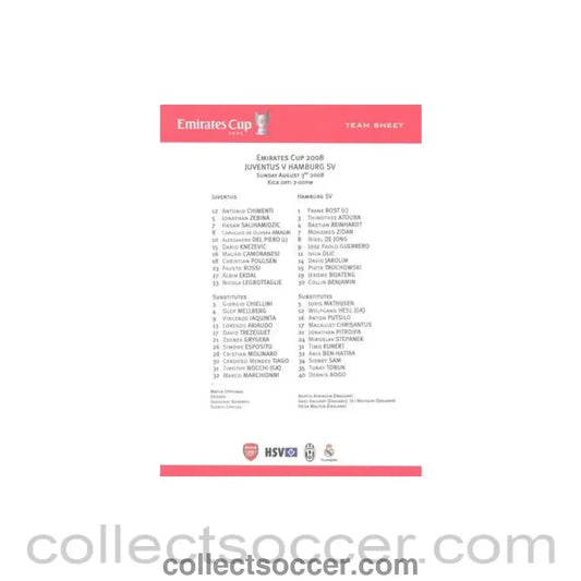 2008 - Juventus v Hamburg official colour teamsheet 03/08/2008 Emirates Cup