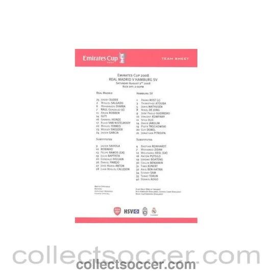 2008 - Real Madrid v Hamburg official colour teamsheet 02/08/2008 Emirates Cup - Collect Soccer