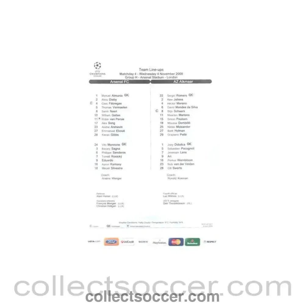 2009 - Arsenal v Alkmaar teamsheet 04/11/2009 Champions League - Collect Soccer