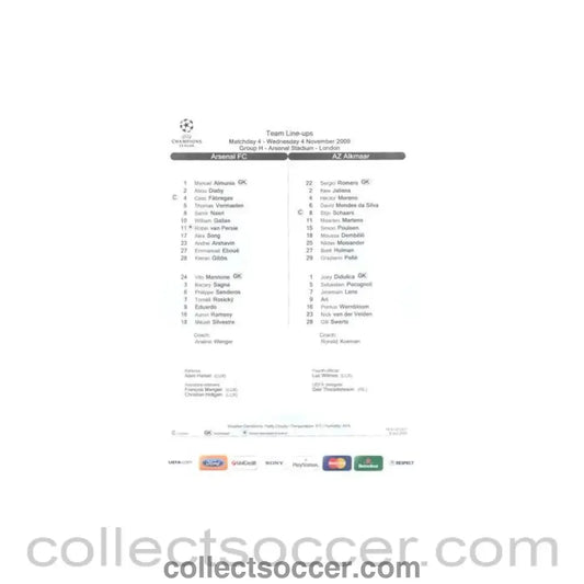 2009 - Arsenal v Alkmaar teamsheet 04/11/2009 Champions League