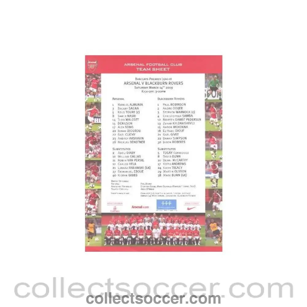 2009 - Arsenal v Blackburn Rovers official colour printed teamsheet 14/03/2009 - Collect Soccer