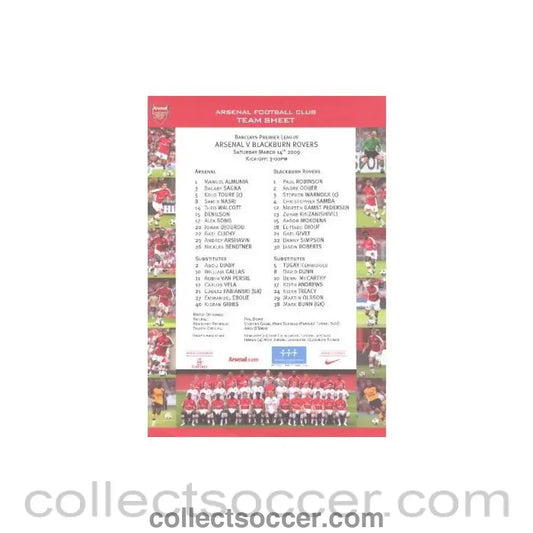 2009 - Arsenal v Blackburn Rovers official colour printed teamsheet 14/03/2009