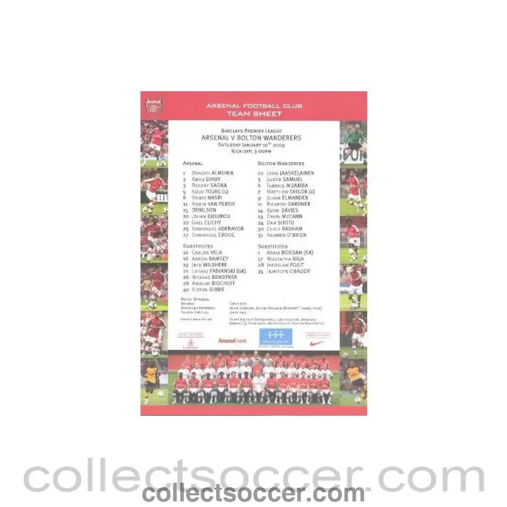 2009 - Arsenal v Bolton Wanderers official colour printed teamsheet 10/01/2009 - Collect Soccer