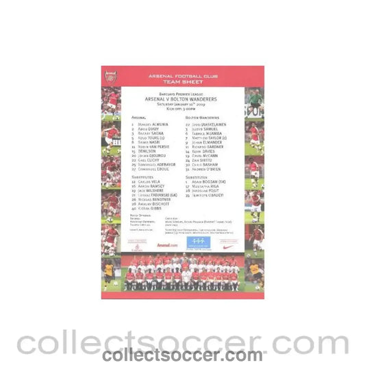 2009 - Arsenal v Bolton Wanderers official colour printed teamsheet 10/01/2009