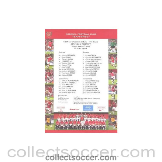 2009 - Arsenal v Burnley official colour printed teamsheet 08/03/2009