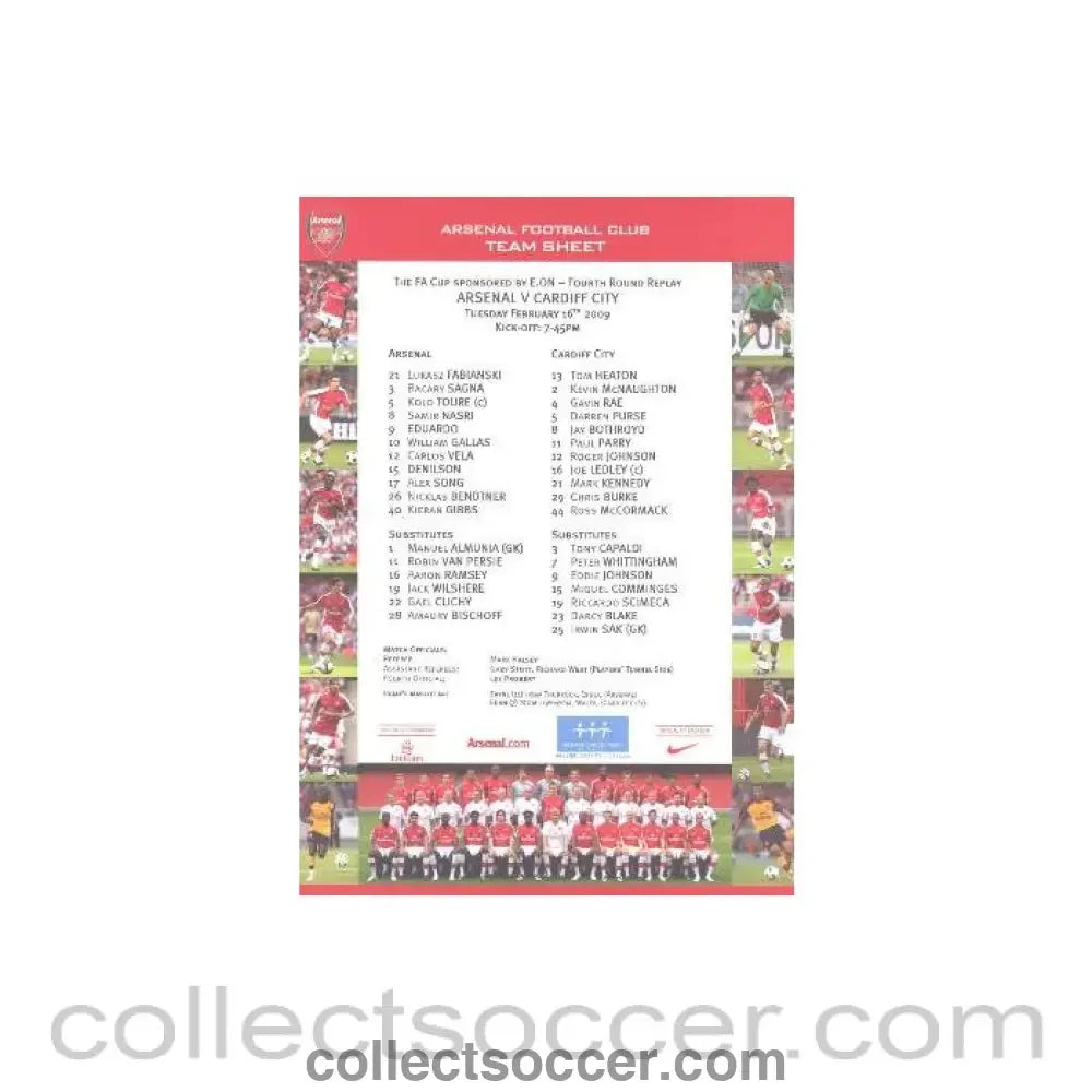 2009 - Arsenal v Cardiff City official colour printed teamsheet 16/02/2009
