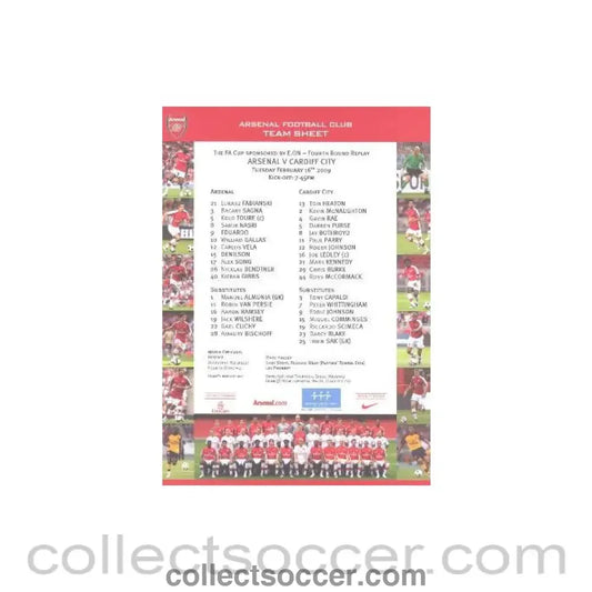 2009 - Arsenal v Cardiff City official colour printed teamsheet 16/02/2009