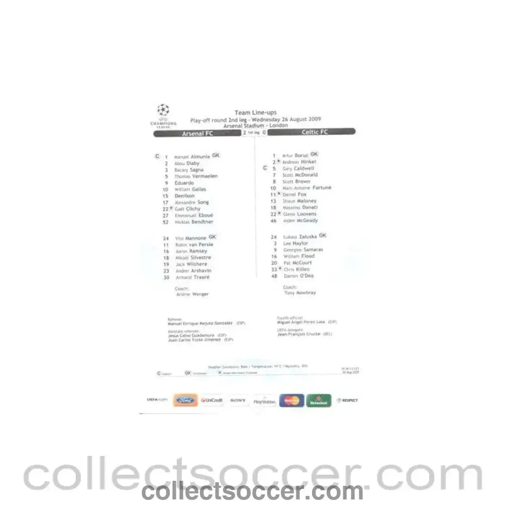 2009 - Arsenal v Celtic teamsheet 26/08/2009 Champions League - Collect Soccer