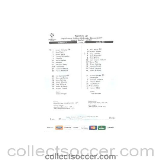 2009 - Arsenal v Celtic teamsheet 26/08/2009 Champions League