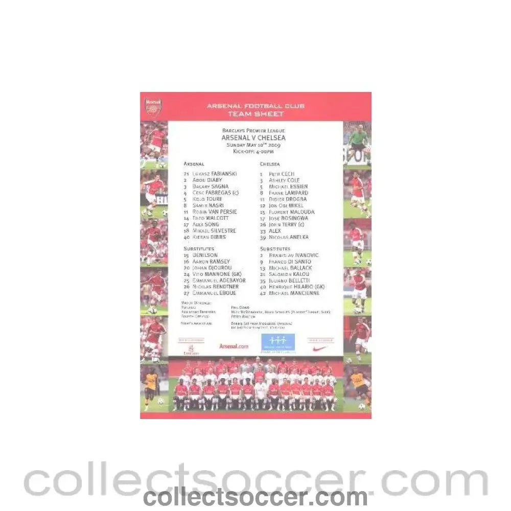 2009 - Arsenal v Chelsea official colour printed teamsheet 10/05/2009 - Collect Soccer