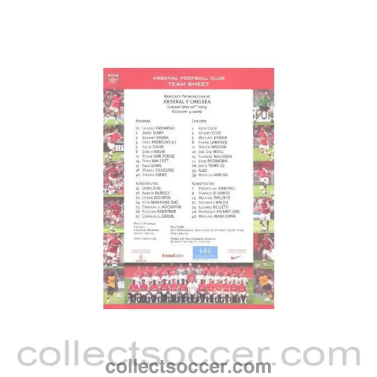 2009 - Arsenal v Chelsea official colour printed teamsheet 10/05/2009