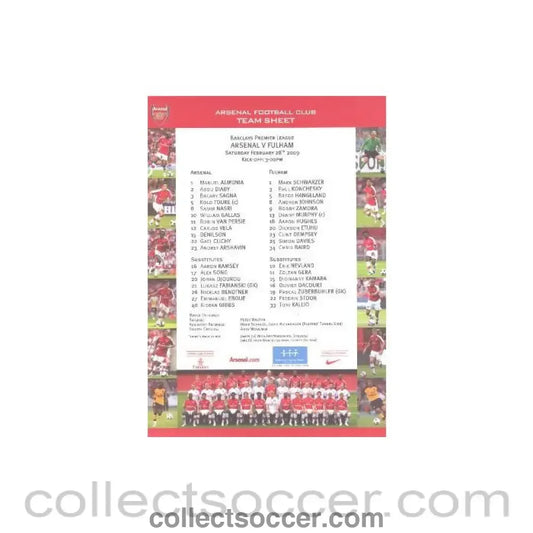 2009 - Arsenal v Fulham official colour printed teamsheet 28/02/2009