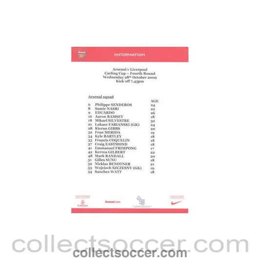 2009 - Arsenal v Liverpool press information 28/10/2009 Carling Cup
