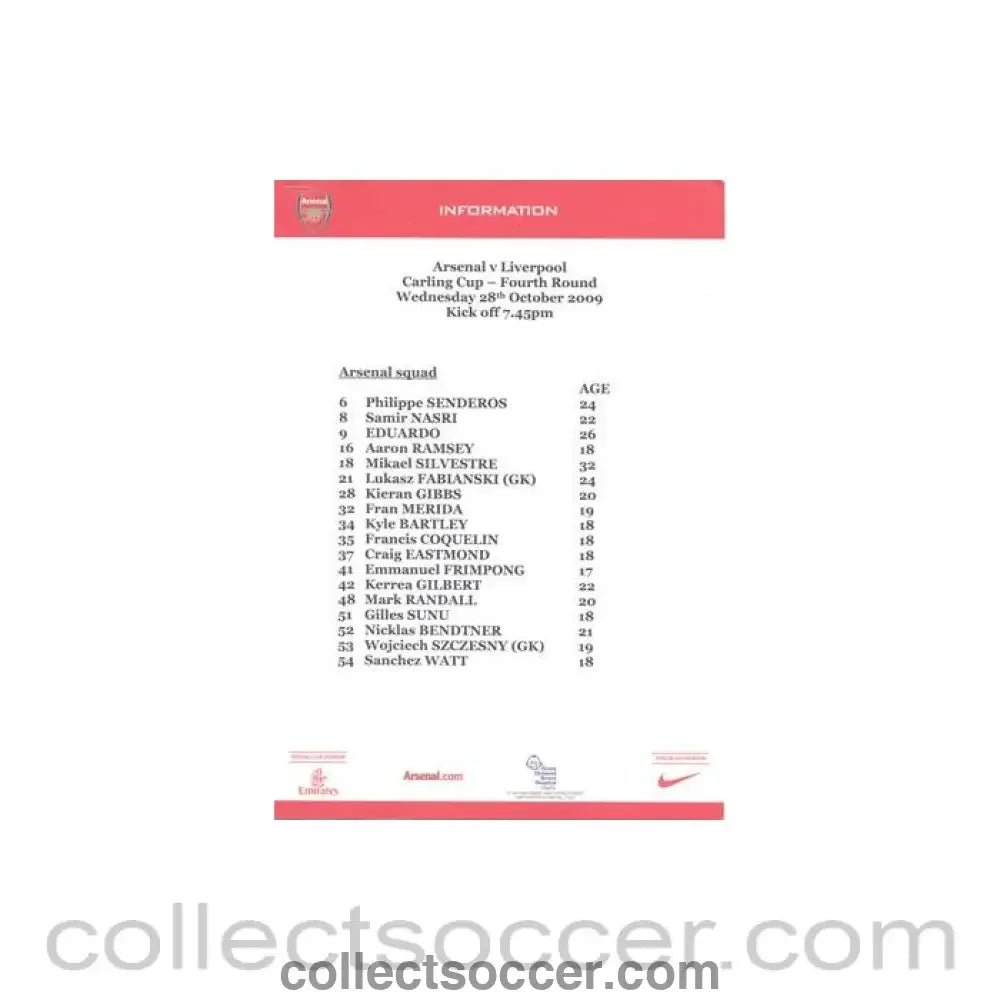 2009 - Arsenal v Liverpool press information 28/10/2009 Carling Cup - Collect Soccer