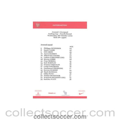 2009 - Arsenal v Liverpool press information 28/10/2009 Carling Cup - Collect Soccer