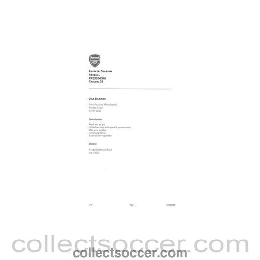 2009 - Arsenal v Liverpool press menu 28/10/2009 Carling Cup