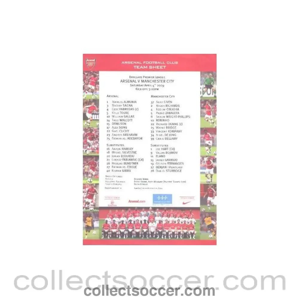 2009 - Arsenal v Manchester City official colour printed teamsheet 04/04/2009 - Collect Soccer