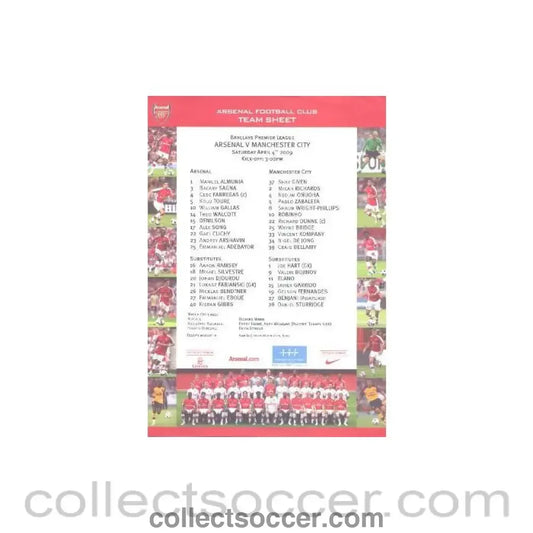 2009 - Arsenal v Manchester City official colour printed teamsheet 04/04/2009