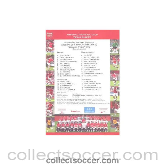 2009 - Arsenal v Manchester City official colour printed teamsheet 22/04/2009