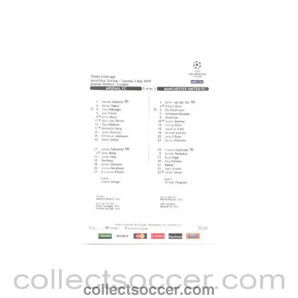2009 - Arsenal v Manchester United official teamsheet 05/05/2009 - Collect Soccer