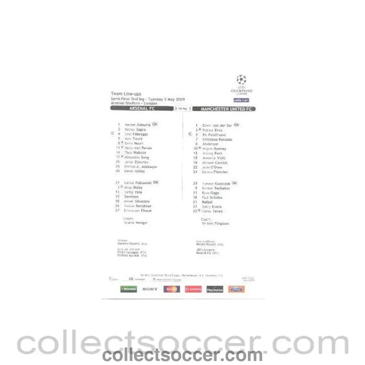 2009 - Arsenal v Manchester United official teamsheet 05/05/2009