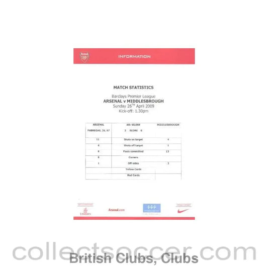 2009 - Arsenal v Middlesbrough colour printed match statistics 26/04/2009