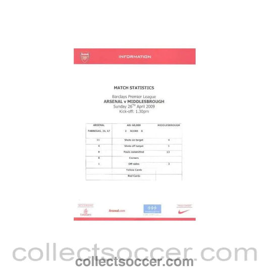 2009 - Arsenal v Middlesbrough colour printed match statistics 26/04/2009 - Collect Soccer