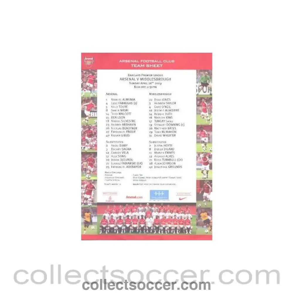 2009 - Arsenal v Middlesbrough official colour printed teamsheet 26/04/2009 - Collect Soccer