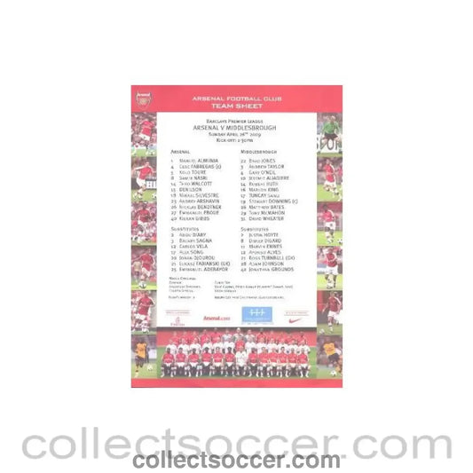 2009 - Arsenal v Middlesbrough official colour printed teamsheet 26/04/2009