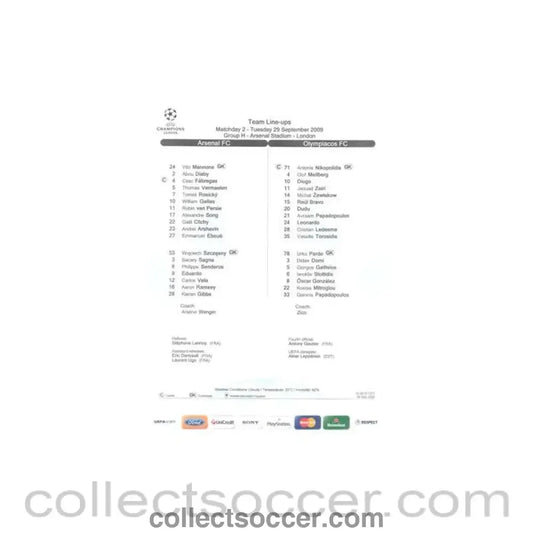 2009 - Arsenal v Olympiacos teamsheet 29/09/2009 Champions League