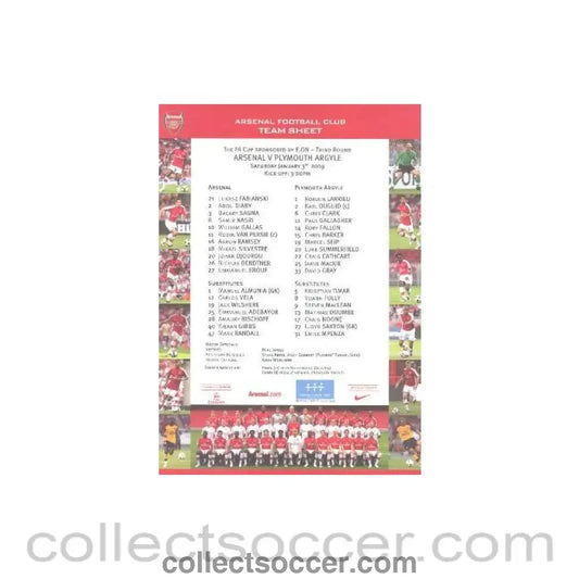 2009 - Arsenal v Plymouth Argyle official colour printed teamsheet 03/01/2009