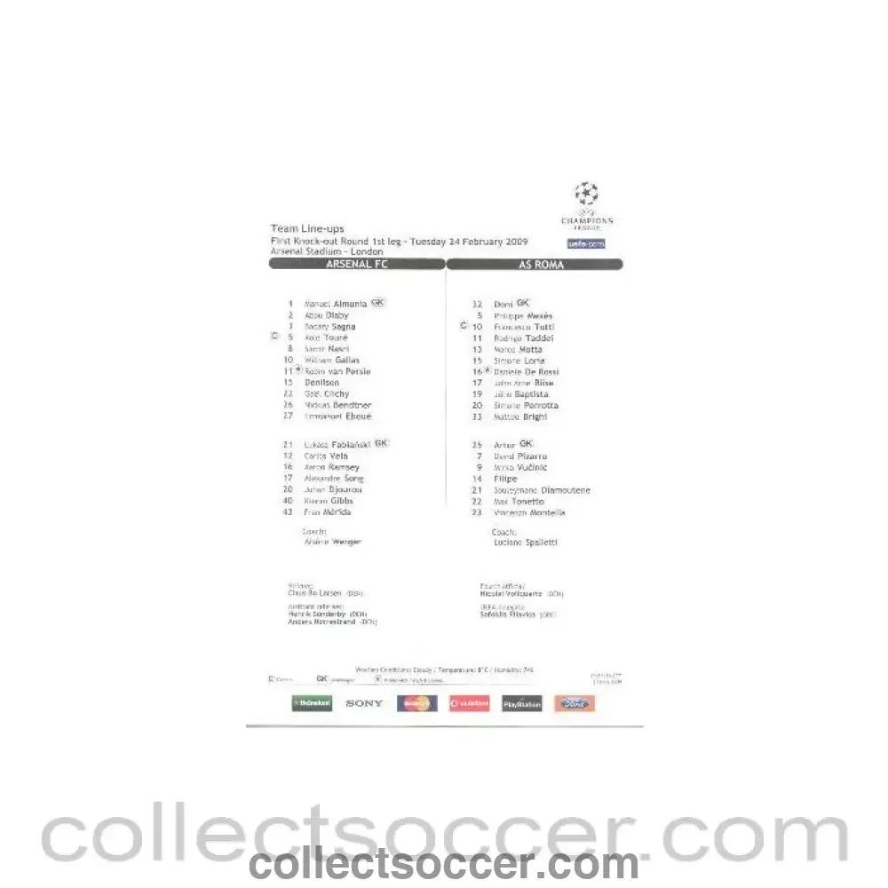 2009 - Arsenal v Roma official teamsheet 24/02/2009