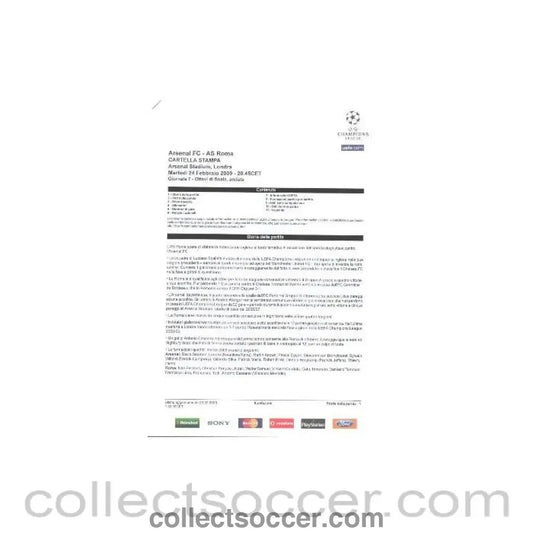 2009 - Arsenal v Roma Press Kit in Italian 24/02/2009