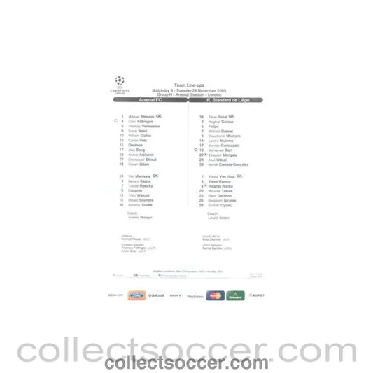2009 - Arsenal v Standard Liege teamsheet 24/11/2009 Champions League