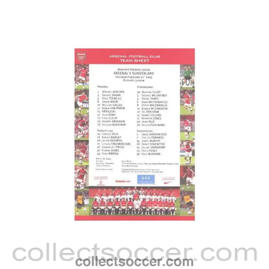 2009 - Arsenal v Sunderland official colour printed teamsheet 21/02/2009