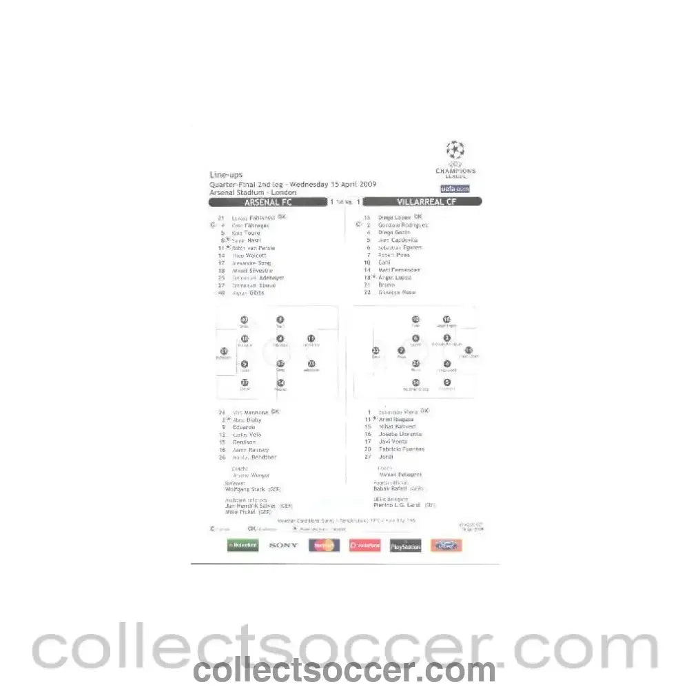 2009 - Arsenal v Villarreal line - ups 15/04/2009 - Collect Soccer