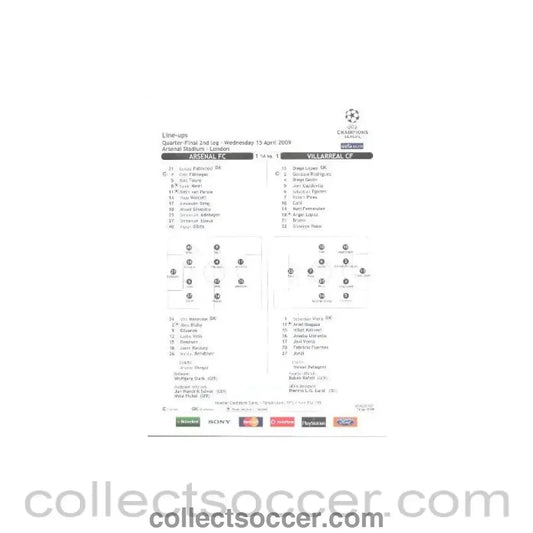2009 - Arsenal v Villarreal line-ups 15/04/2009