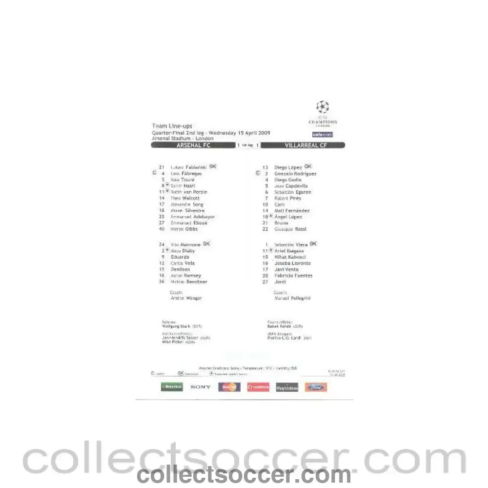 2009 - Arsenal v Villarreal official teamsheet 15/04/2009