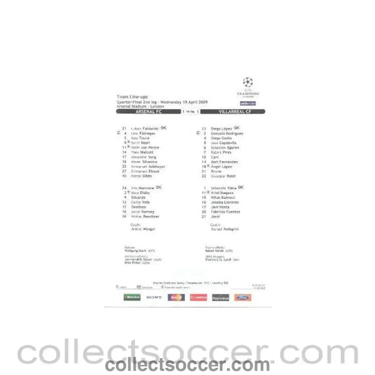 2009 - Arsenal v Villarreal official teamsheet 15/04/2009
