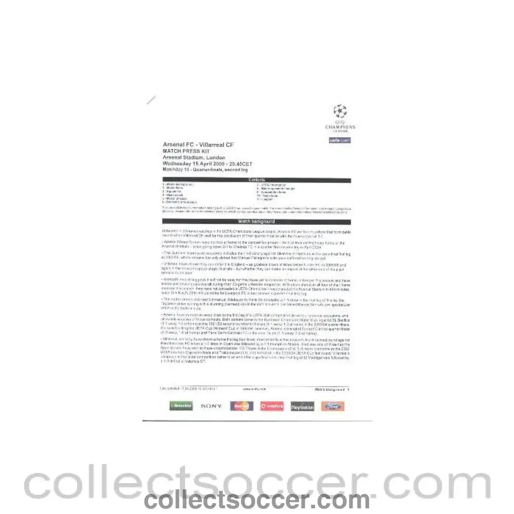2009 - Arsenal v Villarreal Press Kit in English 15/04/2009 - Collect Soccer