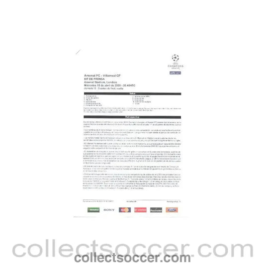 2009 - Arsenal v Villarreal Press Kit in Italian 15/04/2009