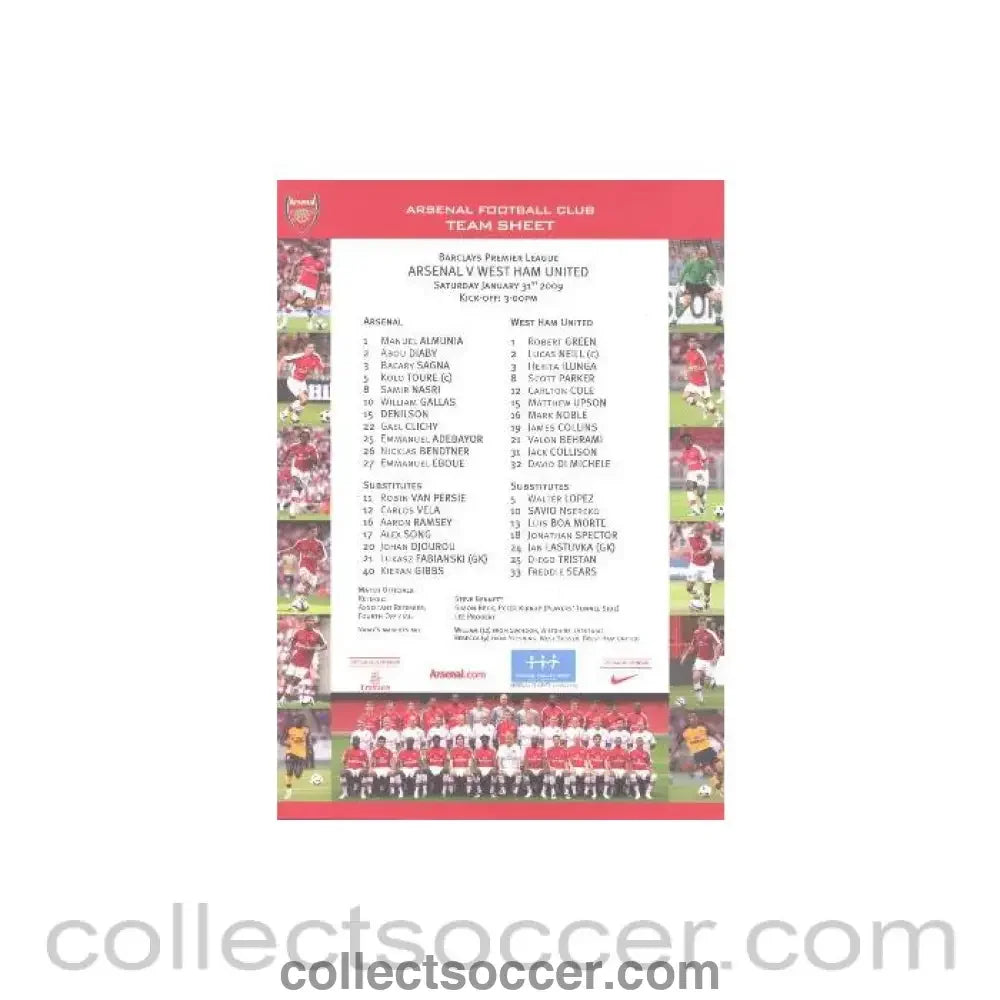 2009 - Arsenal v West Ham United official colour printed teamsheet 31/01/2009