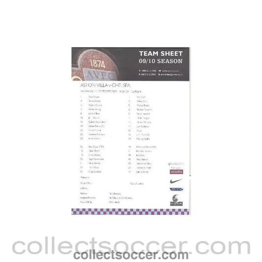 2009 - Aston Villa v Chelsea colour teamsheet 17/10/2009 - Collect Soccer