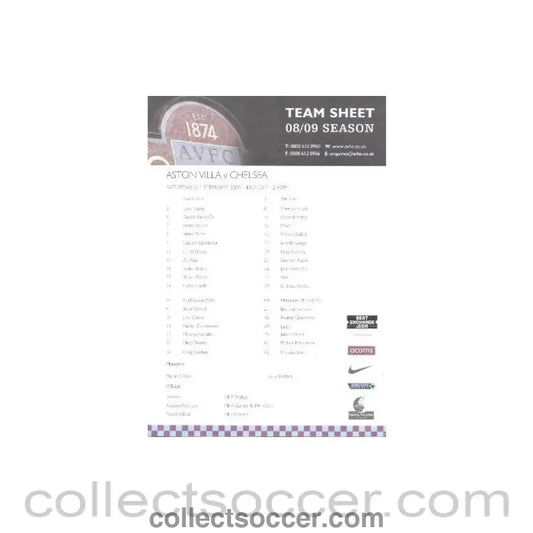 2009 - Aston Villa v Chelsea official colour printed teamsheet 21/02/2009 - Collect Soccer