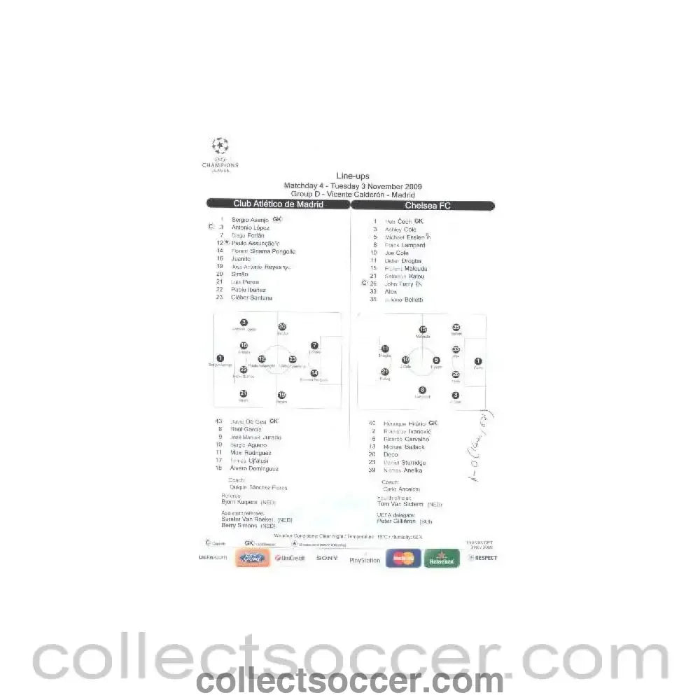 2009 - Atletico Madrid v Chelsea official line - ups 03/11/2009 - Collect Soccer