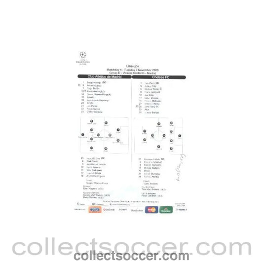 2009 - Atletico Madrid v Chelsea official line - ups 03/11/2009 - Collect Soccer