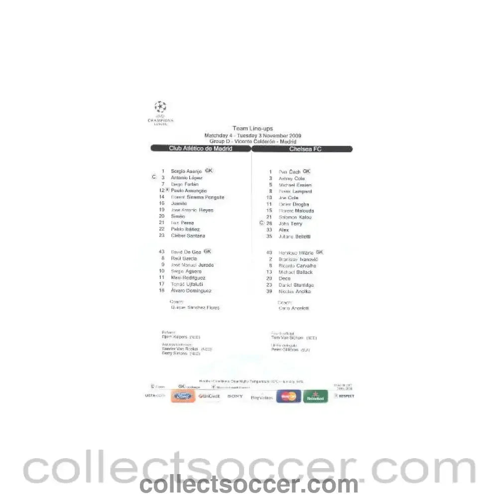 2009 - Atletico Madrid v Chelsea official teamsheet 03/11/2009 - Collect Soccer