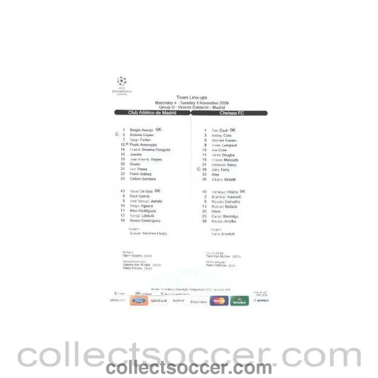 2009 - Atletico Madrid v Chelsea official teamsheet 03/11/2009 - Collect Soccer